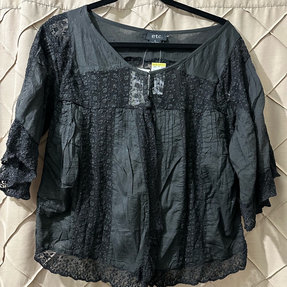 Etc. Black Lace Open Front Kimono Styled Shirt